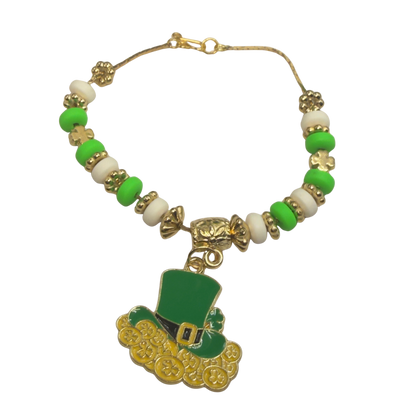 Leprechaun Hat Charm Green White Gold Beaded Doll Necklace • 18 Inch Fashion Doll Jewelry