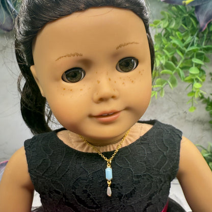 Rectangular Blue Glass & Pearl Dangle Doll Necklace • 18 Inch Fashion Doll Jewelry