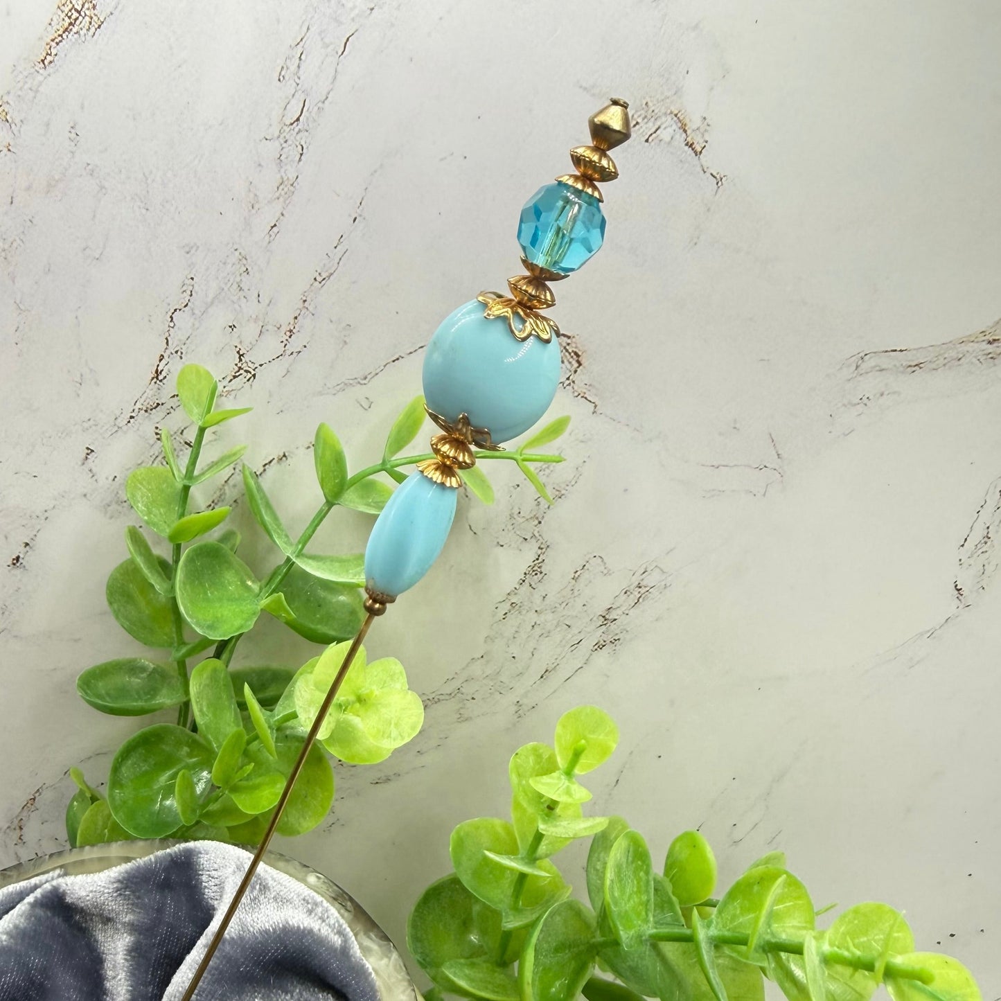 Robin’s Egg Blue Aqua Glass Bead Gold Filigree - 8 Inch Hatpin