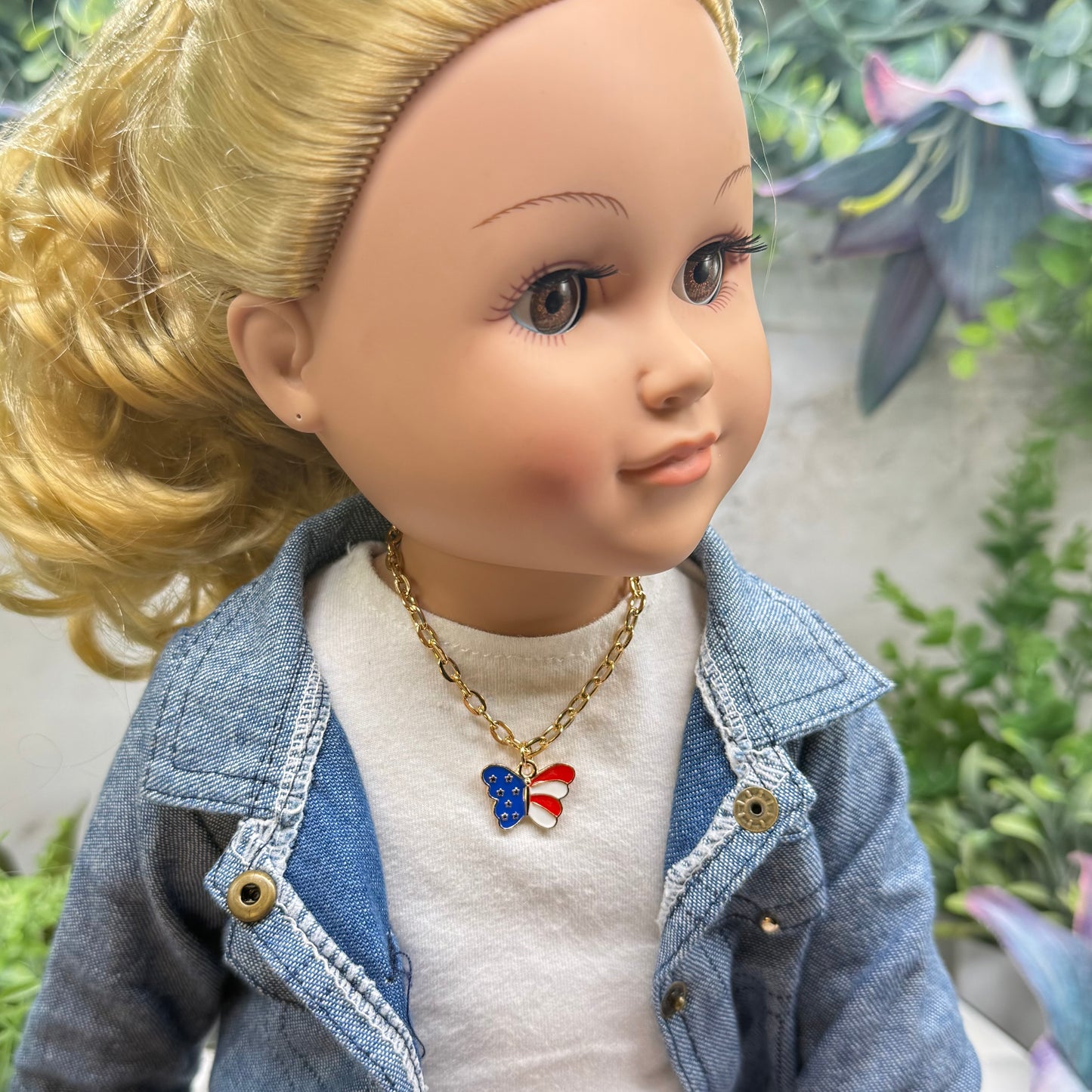 American Flag Red White Blue Butterfly Charm Doll Necklace for 18 Inch Fashion Doll