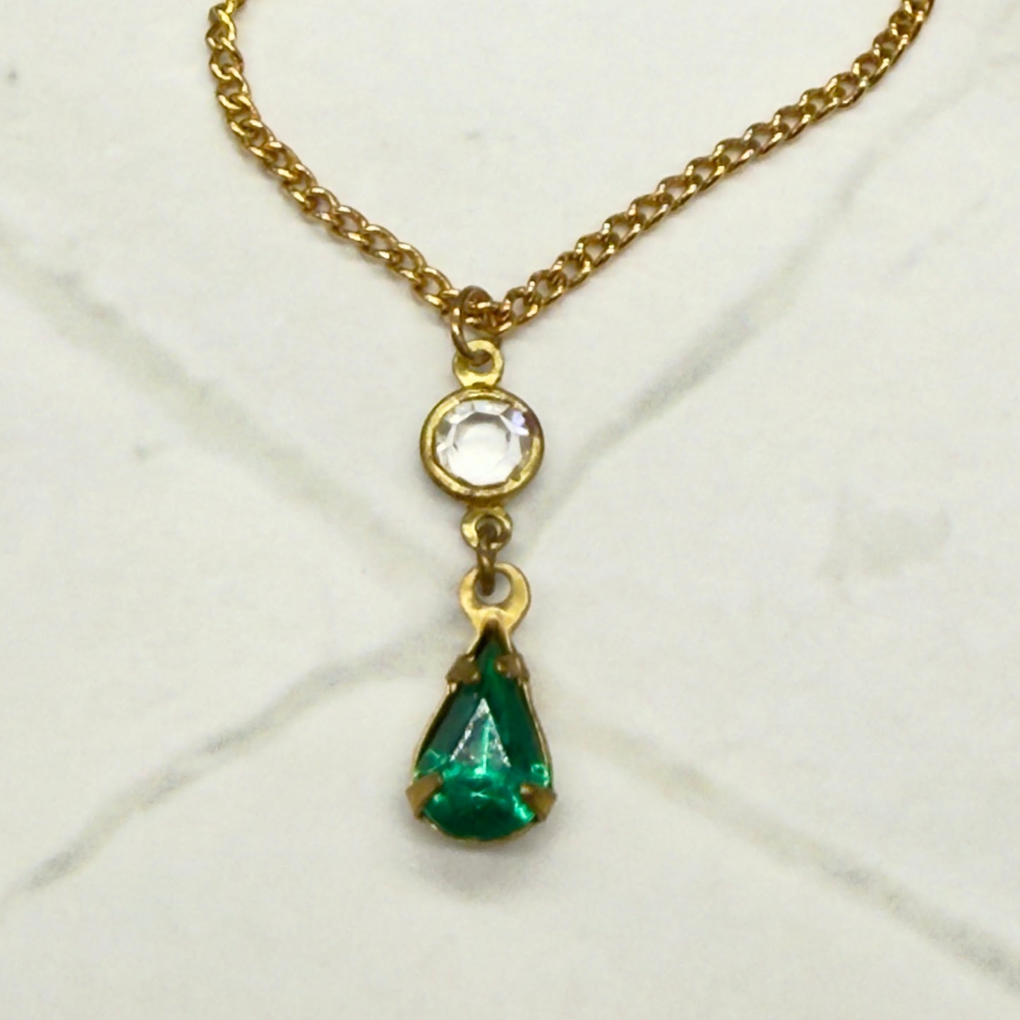 Green Rhinestone Teardrop Gold Doll Necklace Earring Set • 16 Inch Doll Jewelry