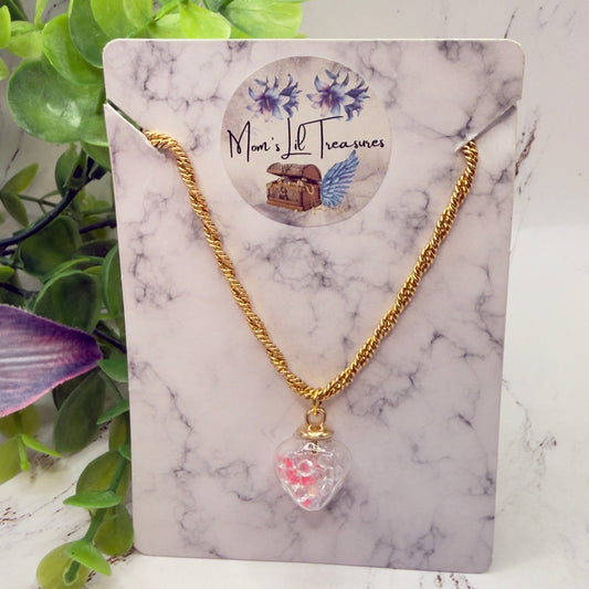 Clear Heart with Coral/Pink Crystals (Glow in Dark) on Gold Chain Doll Necklace • 18 Inch Fashion Doll Jewelry