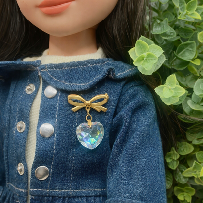 Clear Glass Heart Pendant Gold Tone Bow Pin • Doll Brooch