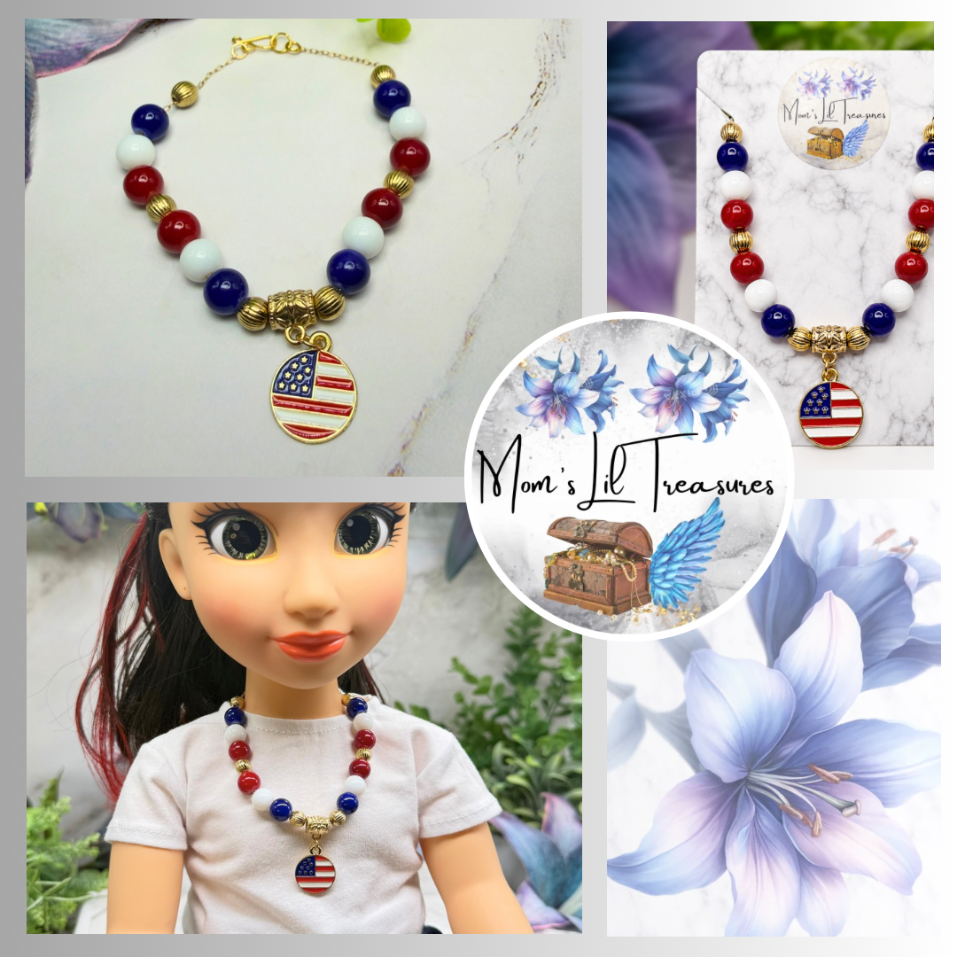 Red White Blue Beaded America Flag Round Charm Doll Necklace for 18 Inch Fashion Doll