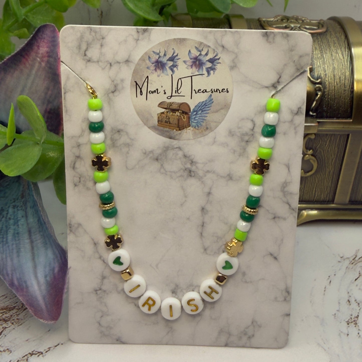 “IRISH” Green White Shamrock Beaded Doll Necklace • 18 Inch Fashion Doll Jewelry