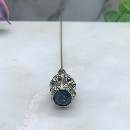 Blue Rhinestone Silver Filigree - 8.5” • Hatpin - Stick Pin
