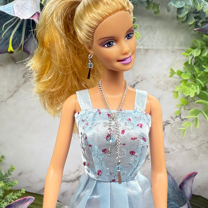 Light Blue Crystal Silver Dangle Wrap Layer Style Doll Necklace / Belt & Earrings • 10-12 Inch Fashion Doll Jewelry 1:6
