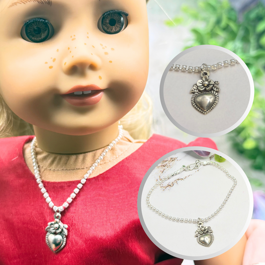 Silver Sacred Heart Charm Pearl Cup Link Chain Doll Necklace • 18 Inch Fashion Doll Jewelry