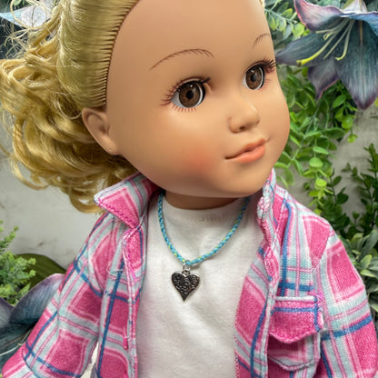 Turquoise Light Blue Braided Thread Doll Necklace Silver Heart Charm • 18 Inch Fashion Doll Jewelry
