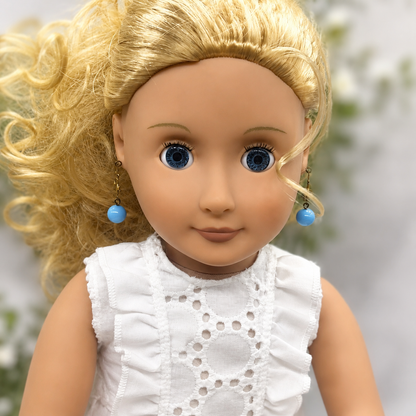 Round Blue Glass & Gold Fleur-de-lis Dangle Doll Earrings • 18” Doll Jewelry
