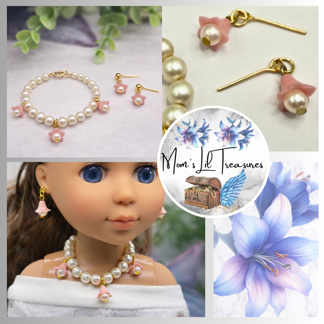 Light Pink Bell Flower Dangle Pearl Beaded Doll Necklace & Earrings • 14 Inch Fashion Doll Jewelry