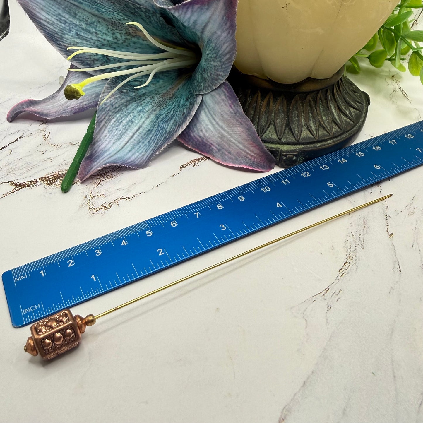 Copper Tone Geometric Filigree Lantern Shape Textured Design  Hatpin - 5.75 Inch