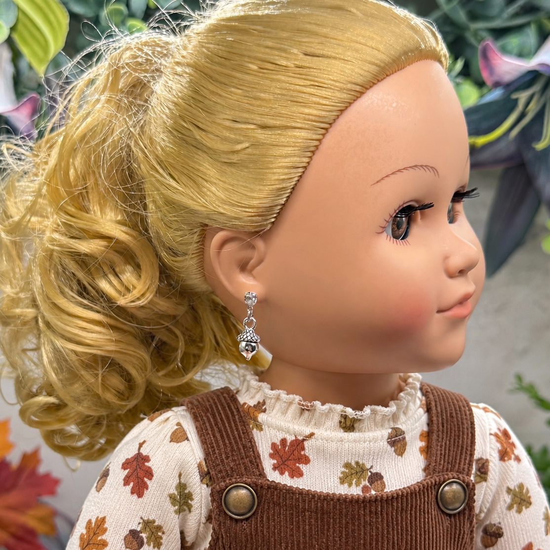 Silver Acorn Autumn Dangle Rhinestone Post Doll Earrings | for 18 Inch Fashion Dolls