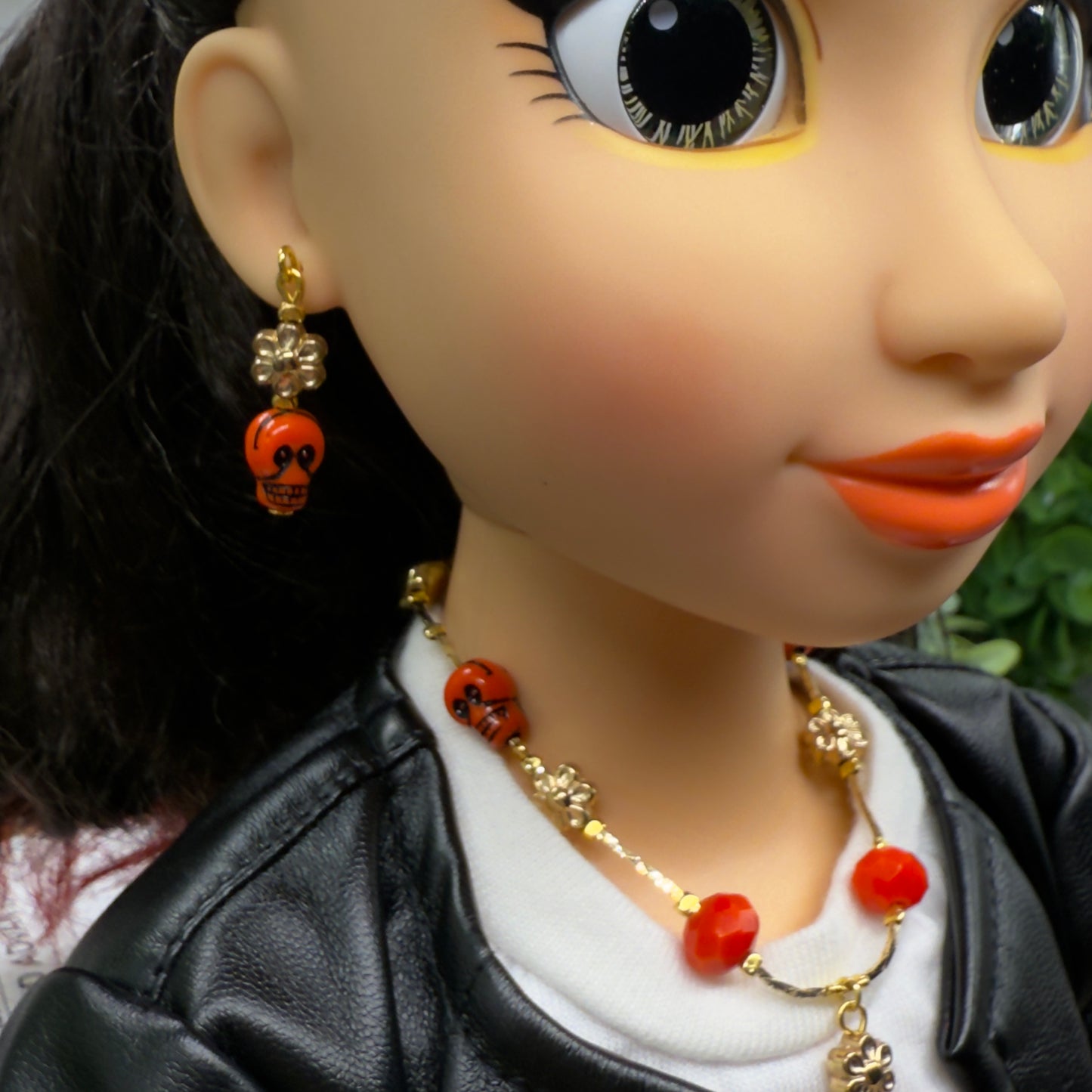Red Skull Flower Charm Halloween Acrylic Beaded Gold Chain Doll Necklace and Earrings Set • 18 Inch Fashion Doll Jewelry