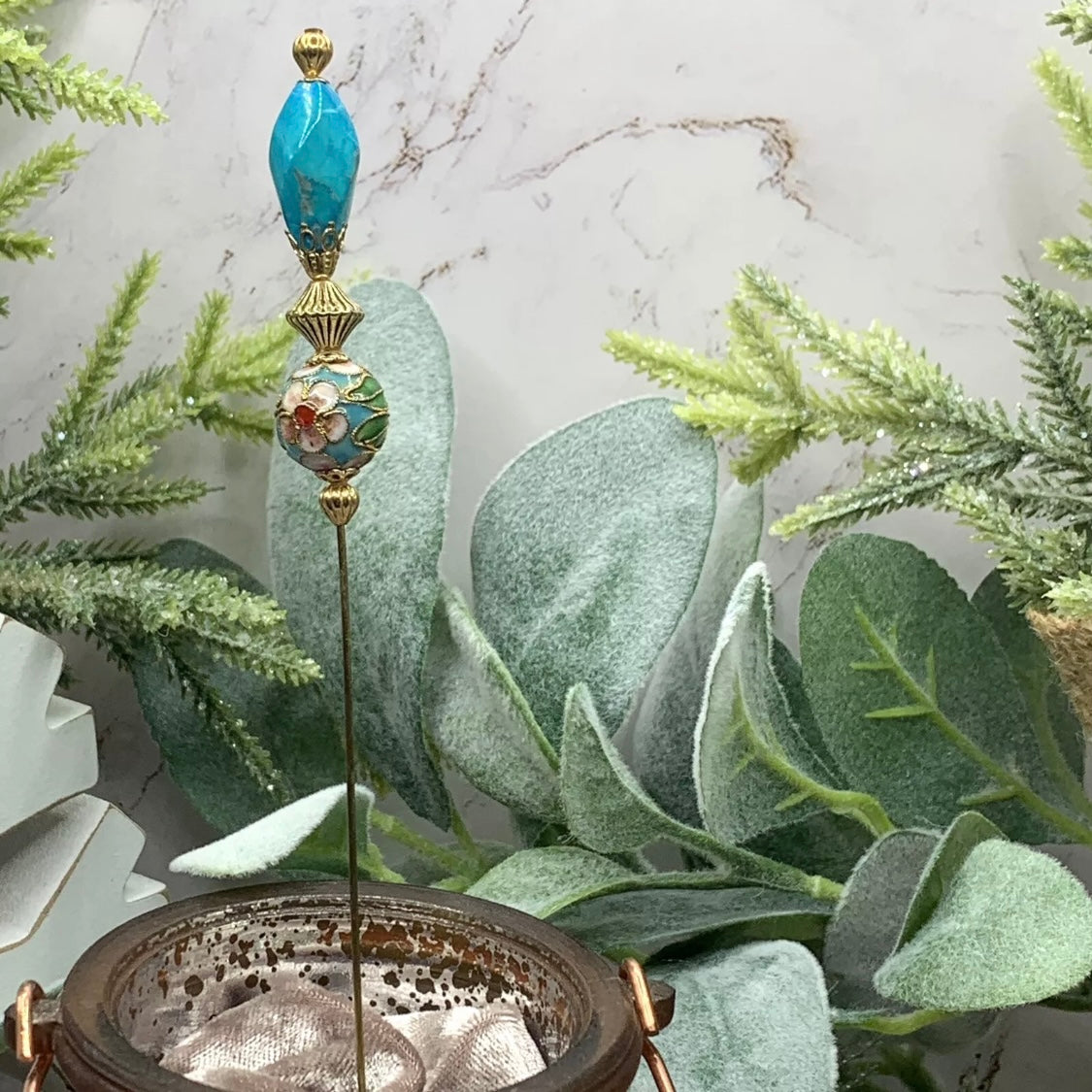 Turquoise Blue Gold Glass Cloisonné Flower Design - 6.75” • Hatpin - Stick Pin