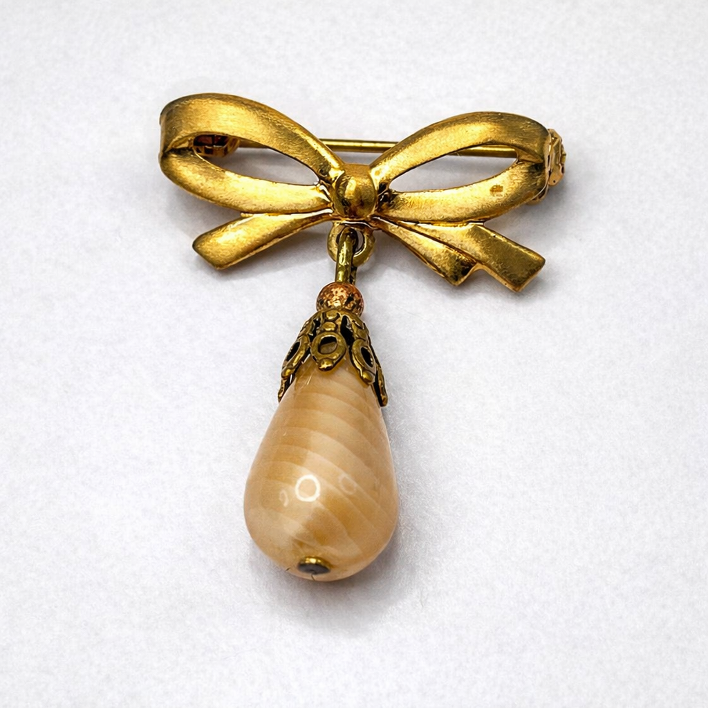 Tan Beige Glass Teardrop Pendant with Gold Tone Bow Pin • Doll Brooch