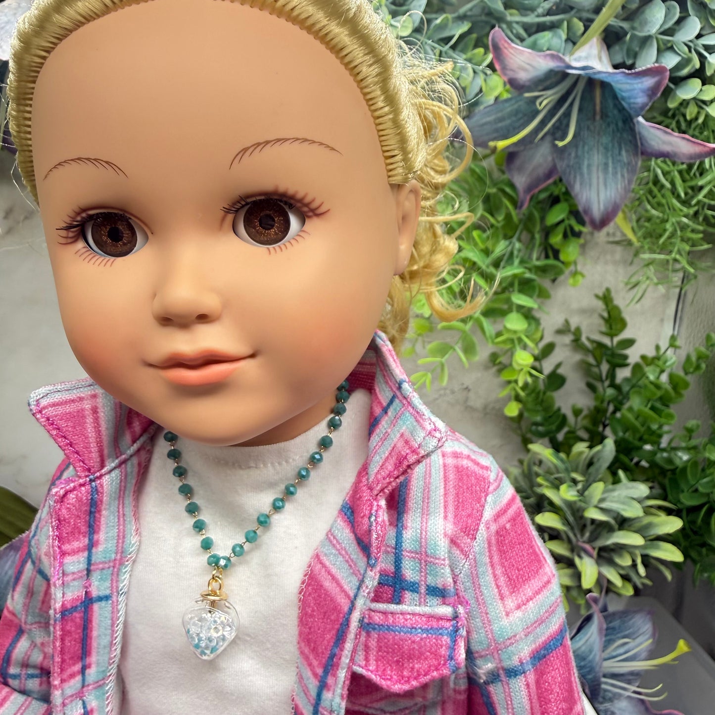 Clear Heart Charm W/ Crystals Turquoise Blue Glass Beaded Doll Necklace • 18 Inch Fashion Doll Jewelry