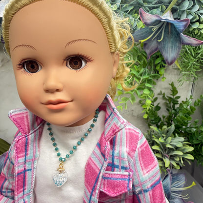Clear Heart Charm W/ Crystals Turquoise Blue Glass Beaded Doll Necklace • 18 Inch Fashion Doll Jewelry
