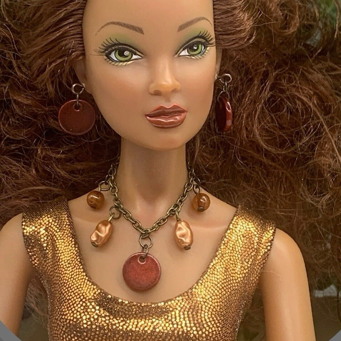 Brown Pearl Dangle Necklace Earring Set • 16 Inch Fashion Doll Jewelry