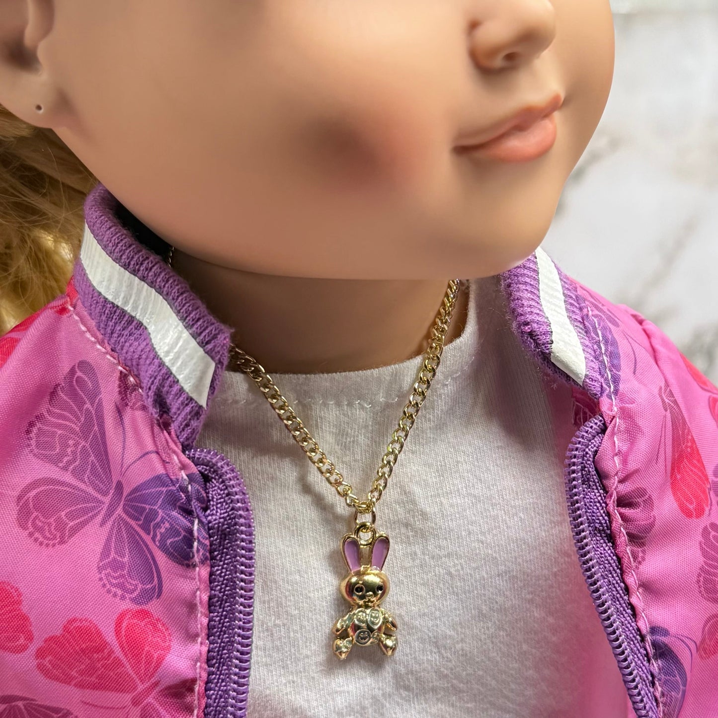 Bunny Purple & Green Enamel Detail Charm Doll Necklace Easter • 18 Inch Fashion Doll Jewelry
