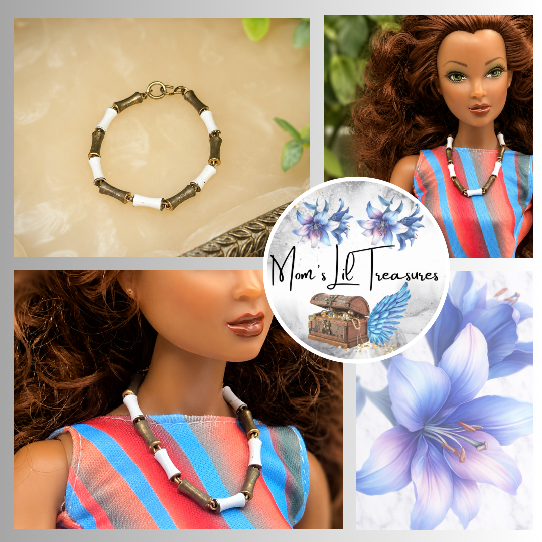 White & Brass Tone Metal Link Doll Necklace • 16 Inch Fashion Doll Jewelry