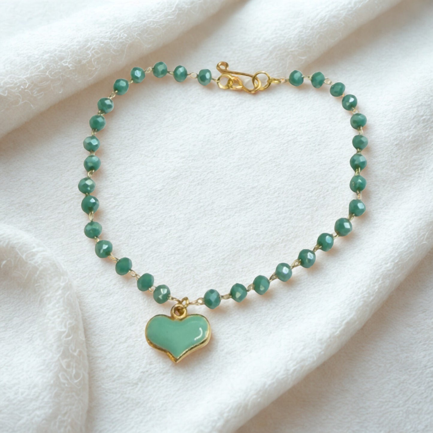 Turquoise Green Heart Charm Glass Beaded Doll Necklace • 18 Inch Fashion Doll Jewelry