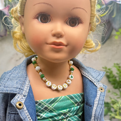 “Lucky” Green White Shamrock Beaded Doll Necklace • 18 Inch Fashion Doll Jewelry