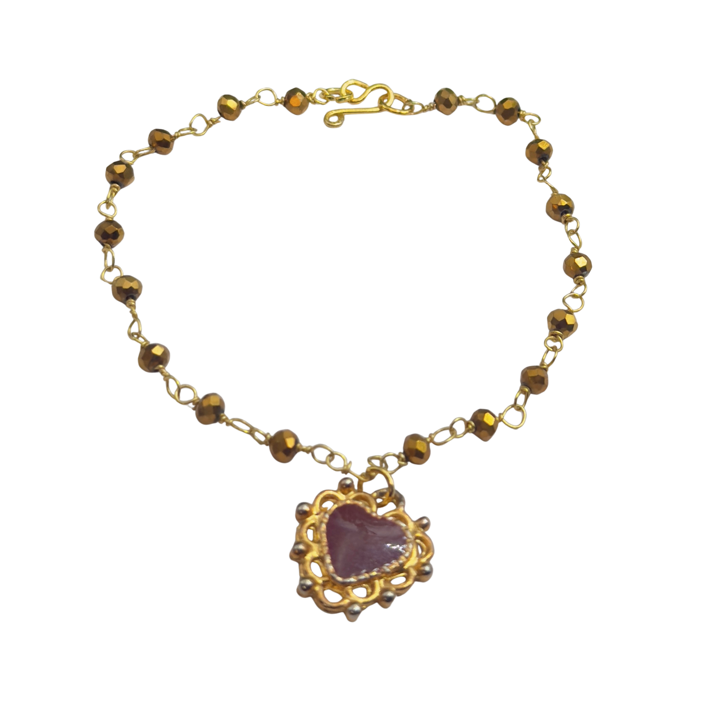 Gold Bronze Glass Crystal Beaded Maroon Red Heart Pendant Doll Necklace • 18 Inch Fashion Doll Jewelry