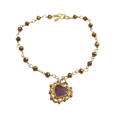 Gold Bronze Glass Crystal Beaded Maroon Red Heart Pendant Doll Necklace • 18 Inch Fashion Doll Jewelry