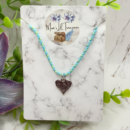 Turquoise Light Blue Braided Thread Doll Necklace Silver Heart Charm • 18 Inch Fashion Doll Jewelry