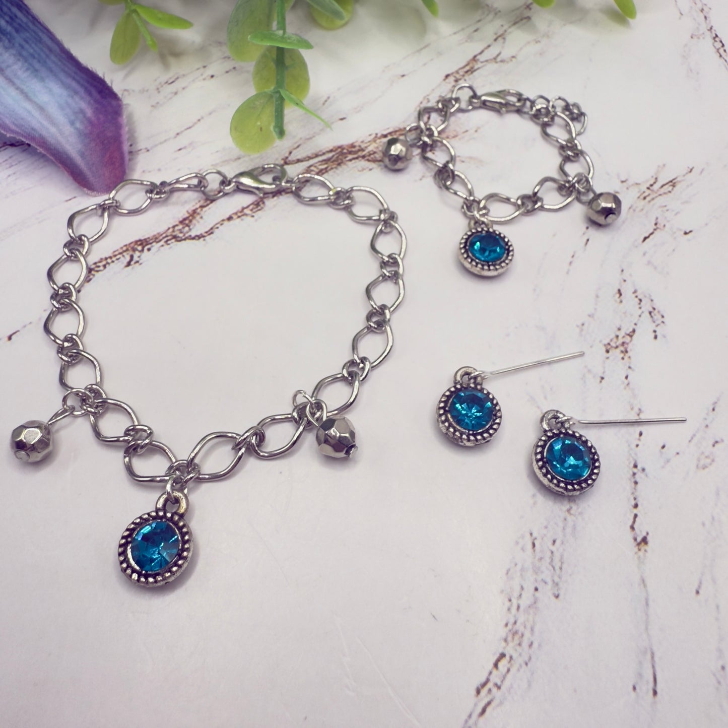 Round Turquoise Rhinestone Pendant Silver Link Doll Necklace Earrings Bracelet Set • 18 Inch Fashion Doll Jewelry