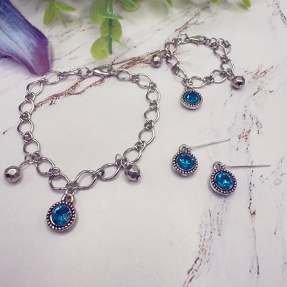 Round Turquoise Rhinestone Pendant Silver Link Doll Necklace Earrings Bracelet Set • 18 Inch Fashion Doll Jewelry