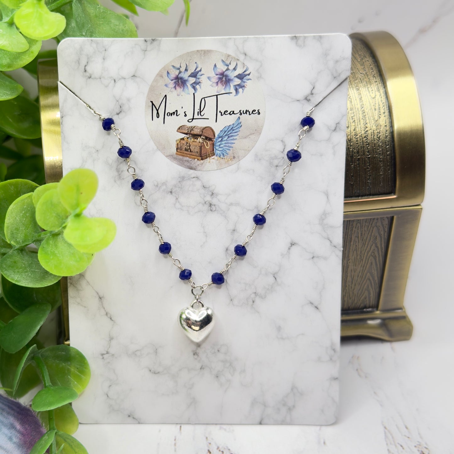 Blue Crystal Beaded Silver Heart Charm Doll Necklace • 18 Inch Fashion Doll Jewelry
