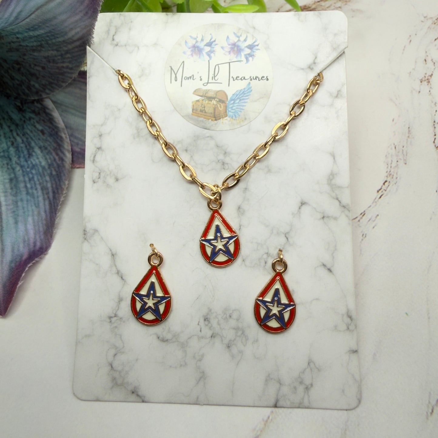 Red White Blue Teardrop Patriotic Star Gold Doll Necklace & Earrings for 18 Inch Fashion Doll
