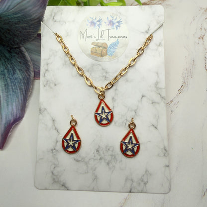 Red White Blue Teardrop Patriotic Star Gold Doll Necklace & Earrings for 18 Inch Fashion Doll