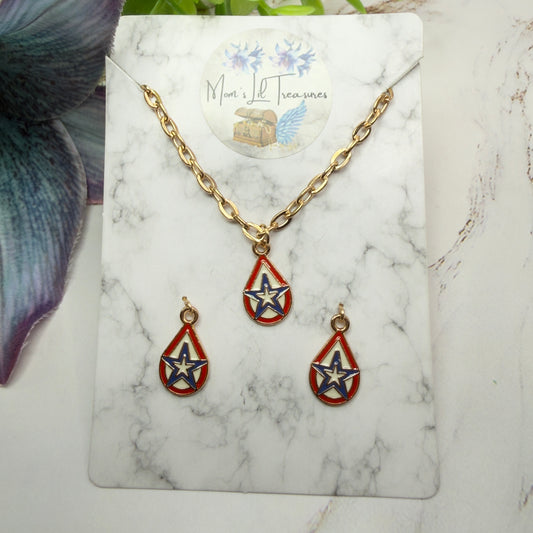 Red White Blue Teardrop Patriotic Star Gold Doll Necklace & Earrings for 18 Inch Fashion Doll