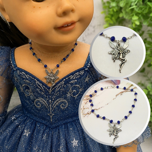 Silver-Tone Fairy Pendant Blue Glass Crystal Beaded Doll Necklace • 18 Inch Fashion Doll Jewelry