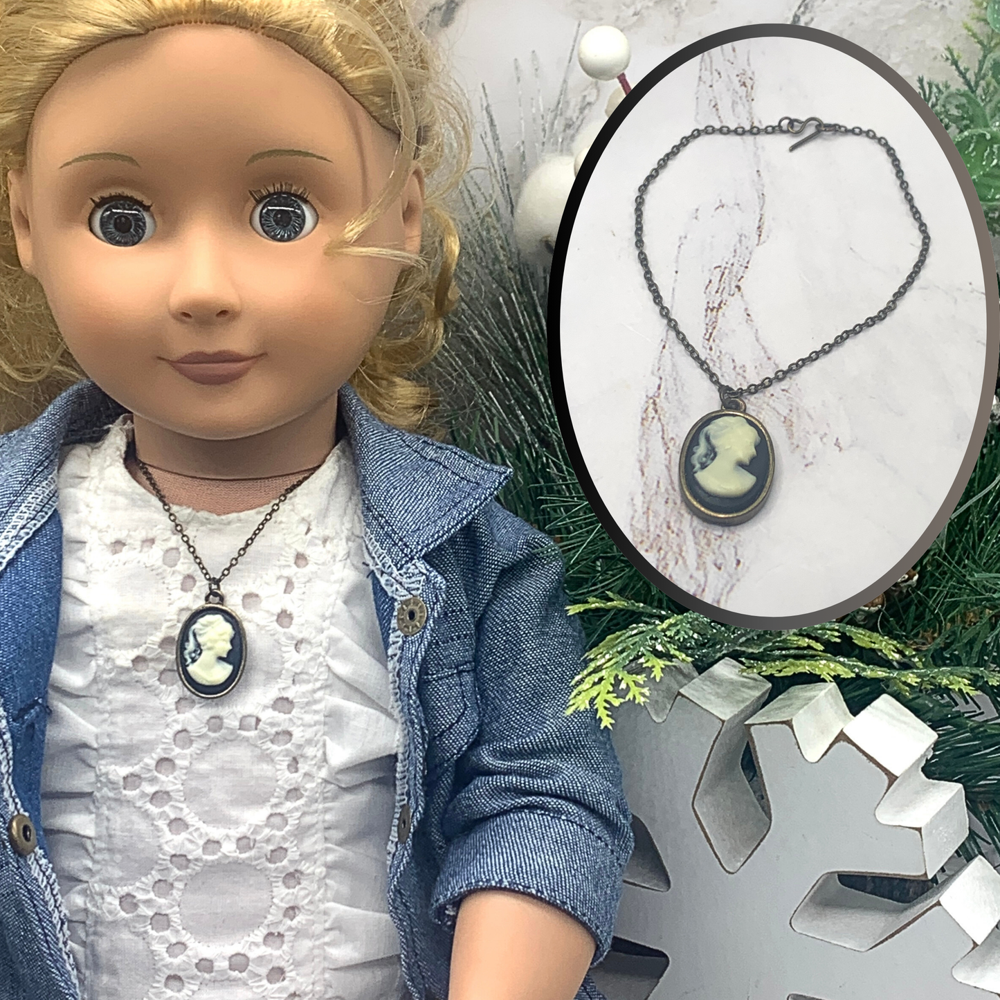 Black White Cameo Pendant Bronze Tone Chain Doll Necklace • 18” Doll Jewelry