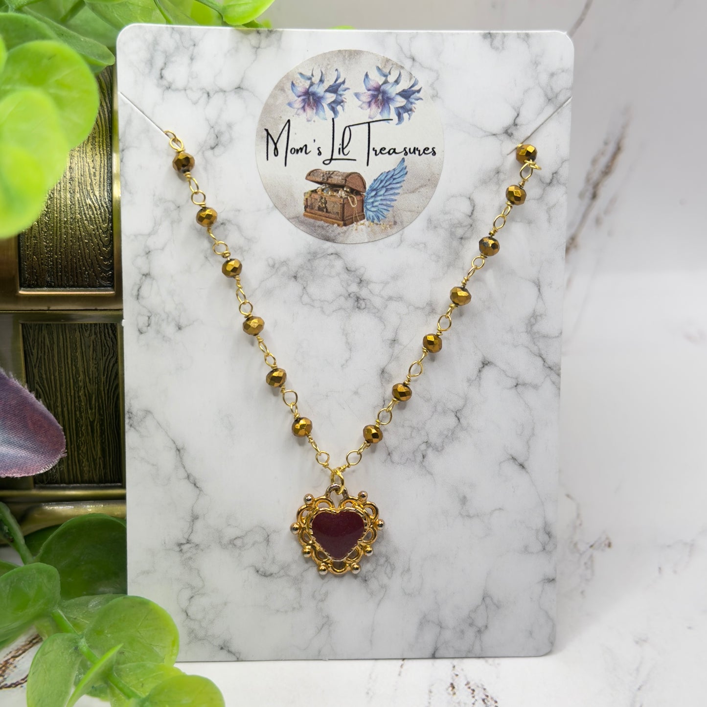 Gold Bronze Glass Crystal Beaded Maroon Red Heart Pendant Doll Necklace • 18 Inch Fashion Doll Jewelry