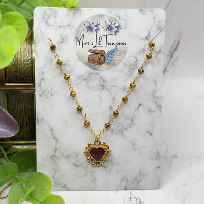 Gold Bronze Glass Crystal Beaded Maroon Red Heart Pendant Doll Necklace • 18 Inch Fashion Doll Jewelry