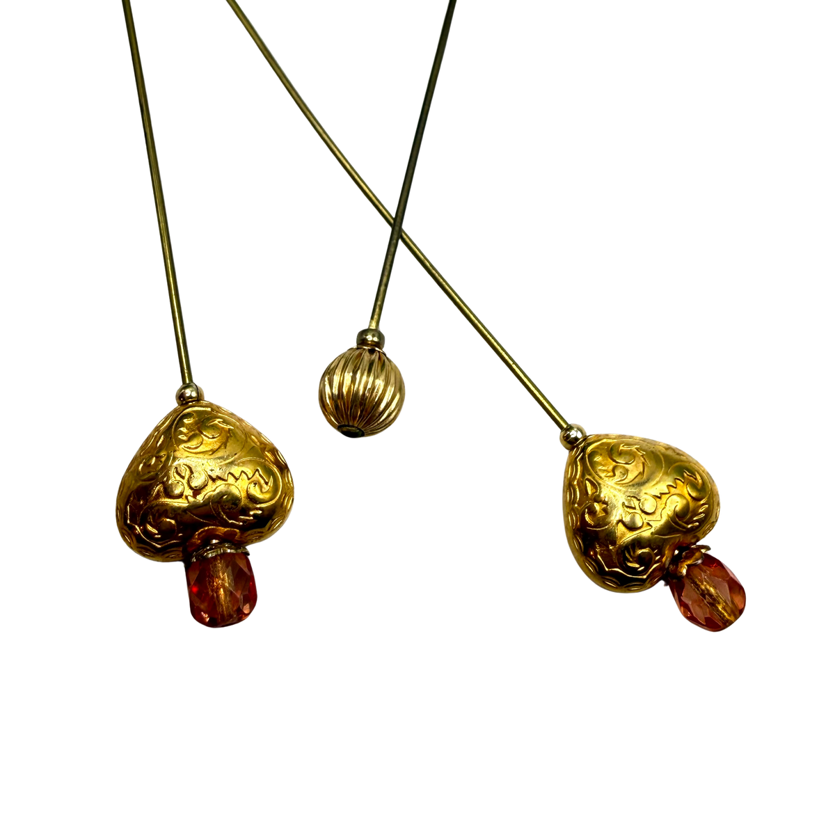 Set of 3 Stick Pins: Gold Tone Puffy Heart Floral Design Pink Glass Crystal Accent - Ribbed Design Small Round