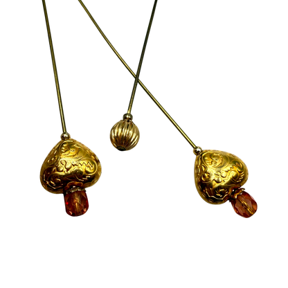 Set of 3 Stick Pins: Gold Tone Puffy Heart Floral Design Pink Glass Crystal Accent - Ribbed Design Small Round