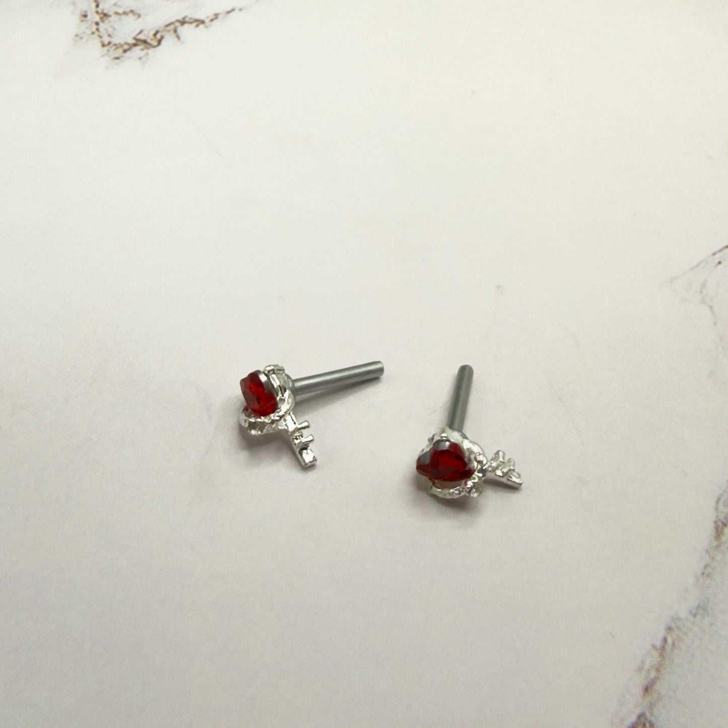 Red Rhinestone Heart Silver Key Post Doll Earrings • 2mm Post for 18 Inch Fashion Doll