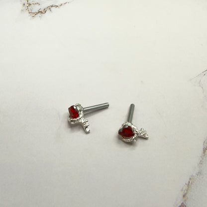 Red Rhinestone Heart Silver Key Post Doll Earrings • 2mm Post for 18 Inch Fashion Doll