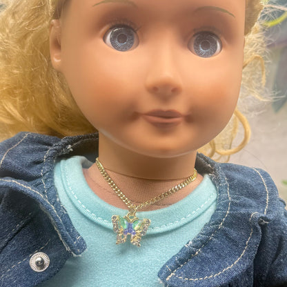 Blue Green Acrylic Butterfly Charm Rhinestone Accents Gold Chain Doll Necklace • 18 Inch Fashion Doll Jewelry