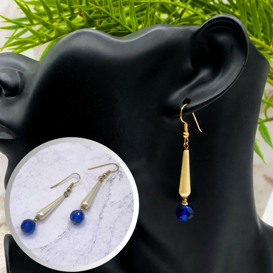 Elongated Teardrop Pearl & Blue Glass Crystal Dangle Earrings • Handmade