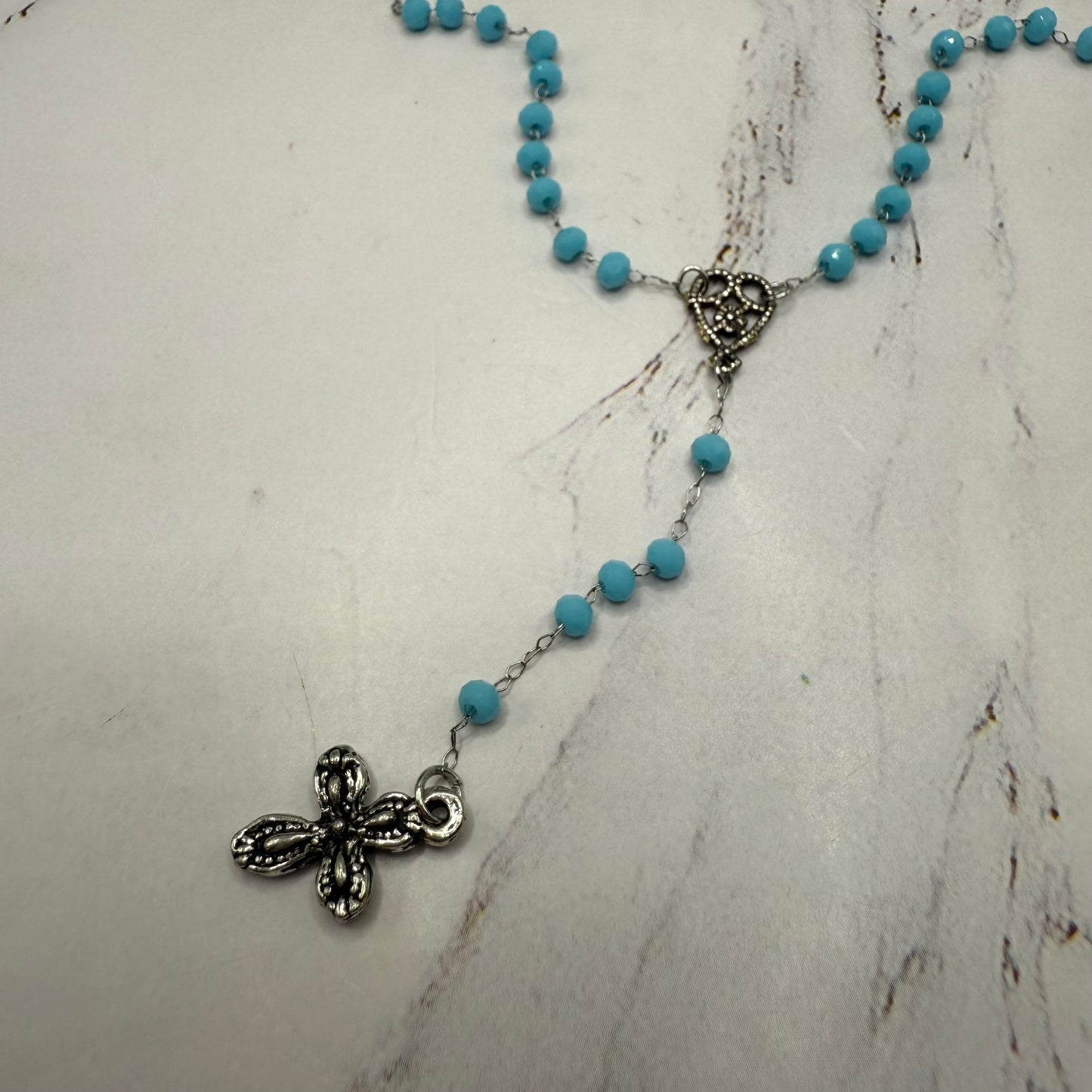 Turquoise Blue Glass Crystal Beaded Silver Chain & Cross • Doll Size Catholic Rosary for 18-22” Fashion or Vintage Dolls