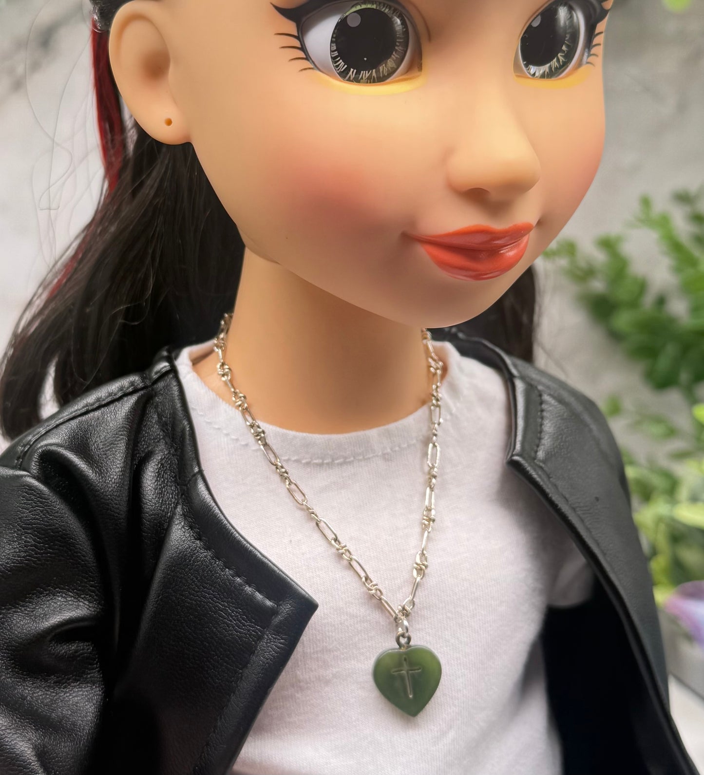 Green Jade Heart Charm with Carved Cross on Silver Chain Doll Necklace • 18 Inch Fashion Doll Jewelry