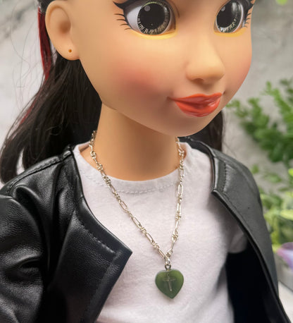Green Jade Heart Charm with Carved Cross on Silver Chain Doll Necklace • 18 Inch Fashion Doll Jewelry