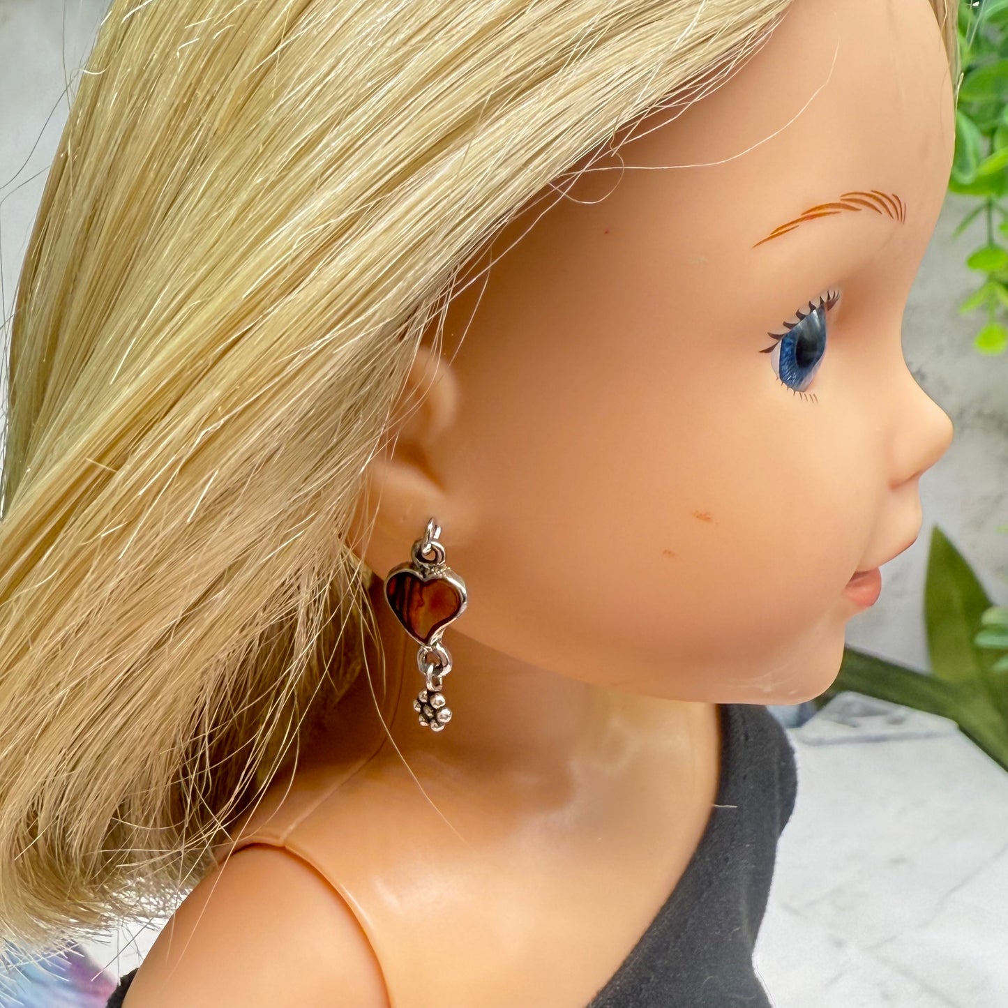 Burgundy Rust Abalone Heart Silver Dangle Doll Earrings • 14 Inch Doll Jewelry